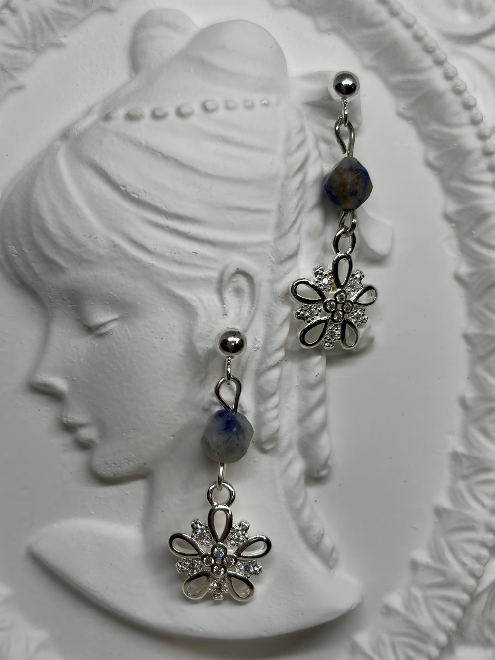 925 Sterling Silver Sodalite CZ Flower Dangle Earrings Handmade Estate Style